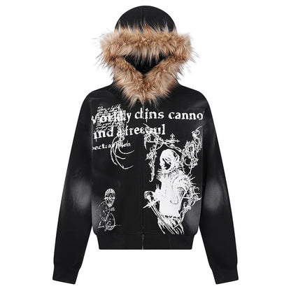 Tokyo Fur‑Collar Hoodie – Ligne Tokyo | Sweat Imprimé Dark & Élégant