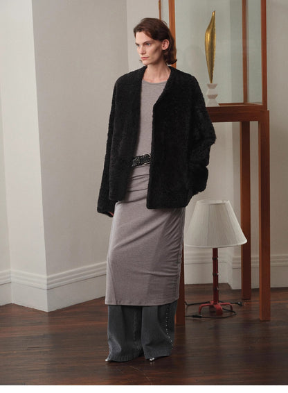 "Paris Night" luxury lightweight v-neck mid-length imported ragone sheepskin fur coat