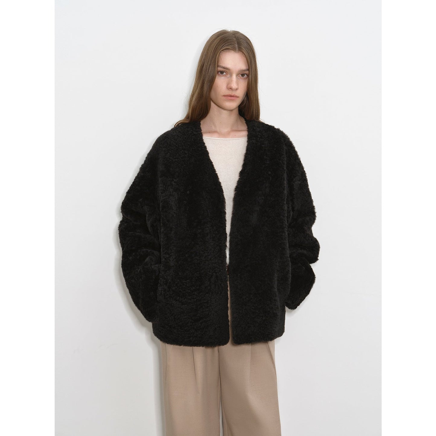 "Paris Night" luxury lightweight v-neck mid-length imported ragone sheepskin fur coat