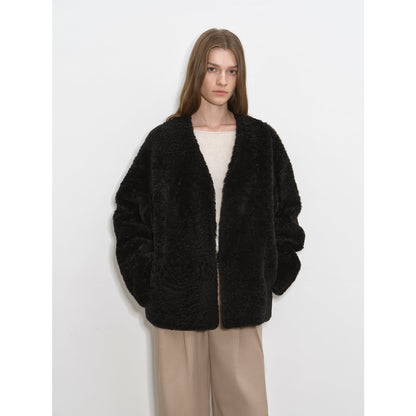 "Paris Night" luxury lightweight v-neck mid-length imported ragone sheepskin fur coat