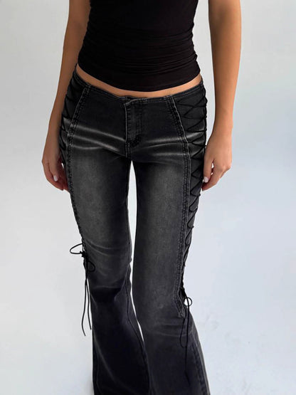 Washed Distressed Side Lace-Up Flare Jeans